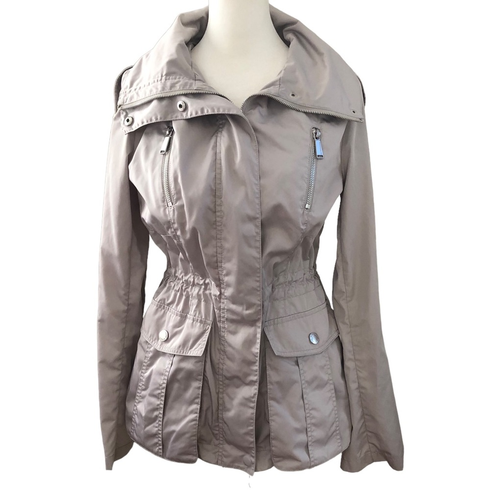 BCBG Generation Women’s Mid Length Rain Jacket Zipper Hood Color Pearl Size XS
